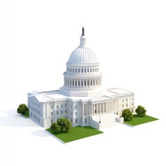 3D cartoon model of a historic building with a dome surrounded by greenery on white background
