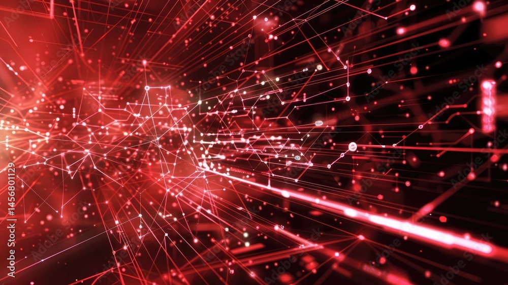 Poster abstract red circuit board pattern with glowing lights on dark background. the red hues and light ef