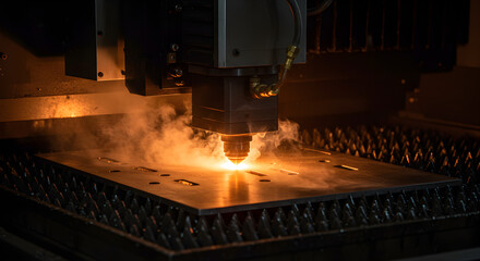 Industrial Laser Cutting Machine Cutting Metal Sheet with Sparks and Smoke in Dark Environment