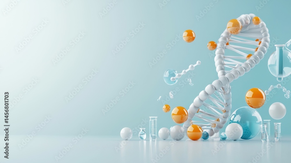 Poster abstract representation of dna helix with colorful elements and laboratory glassware.