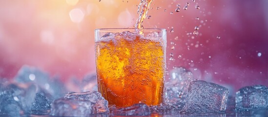 Refreshing Orange Soda Splashing into Glass with Ice Cubes Against Vibrant Gradient Background