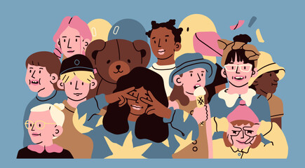 Crowd of different joyful kids, bear, duck. Diverse multicultural, multiracial children. Cartoon style characters. Happiness, childhood, friendship concept. Hand drawn colorful Vector illustration