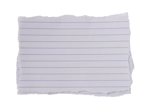 White ripped torn sheet of notebook paper with blue lines isolated on transparent background