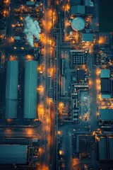 Fototapeta premium Aerial View of Industrial Complex at Night with Illuminated Structures and Smoke Emissions