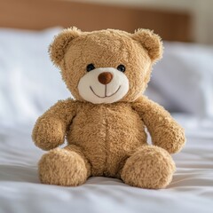 Obraz premium Cute brown teddy bear sitting upright on a white bed in a bright room studio shot close up soft focus