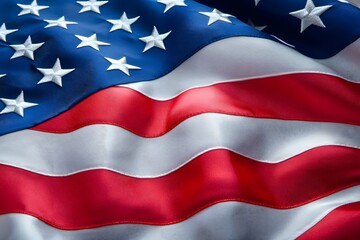 Close up view of an american flag with embroidered stars and stripes