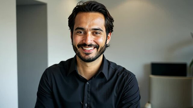Smiling man in black shirt standing indoors  