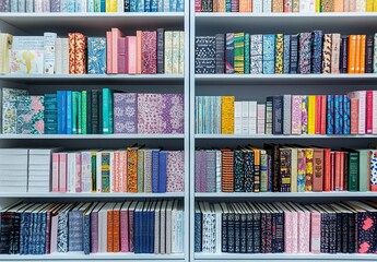 Close up of white bookshelves with colorful books in the library at school, close-up view of many different colored and patterned books on shelves. White background, high resolution,generative ai