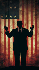 A powerful political or businessman is shown in silhouette with visible puppet or marionette strings, suggesting that he is controlled by an unseen puppet master. Vertical portrait format 9:16