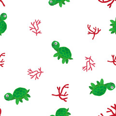 Cute green turtles and red coral made from plasticine on white background. Fun and colorful handmade sea life pattern in textile art style, ideal for kids design, fabric, or craft projects...
