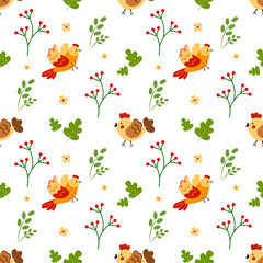 Seamless pattern with birds and leaves on a white background