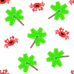 Playful plasticine artwork showing red crabs and coconut trees arranged on a white background. Bright and fun clay-style tropical pattern for kids’ design, summer themes, or textile art use.