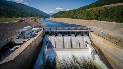 Aerial view of hydroelectric dam releasing water from reservoir into river in mountain valley