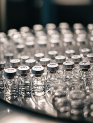 Rows of vaccine vials on a production line, close up shot in a pharmaceutical factory, sterile environment, medicine manufacturing
