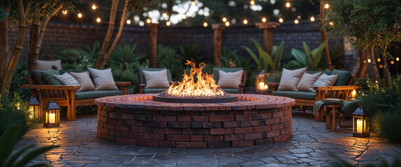 Cozy outdoor fire pit area with seating and string lights at night
