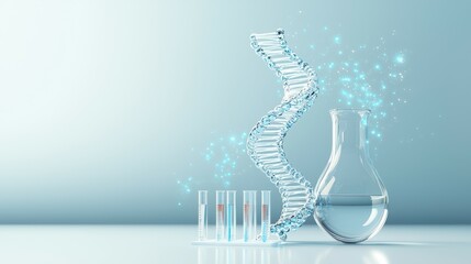 A captivating image of a DNA strand and laboratory glassware in a bright lab setting.