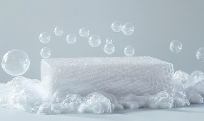 White Soap Bar Surrounded by Bubbles and Foam on a Minimalist Background