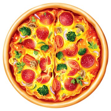pizza overhead view with pepperoni and vegetables clip art preview