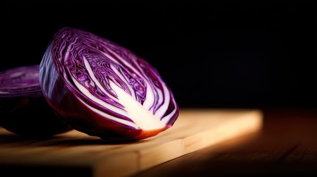 A vibrant half of red cabbage resting on a wooden cutting board with dramatic lighting