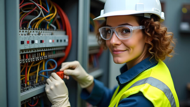 A skilled female electrician confidently working on electrical panels while showcasing her expertise and focus in a vibrant industrial environment