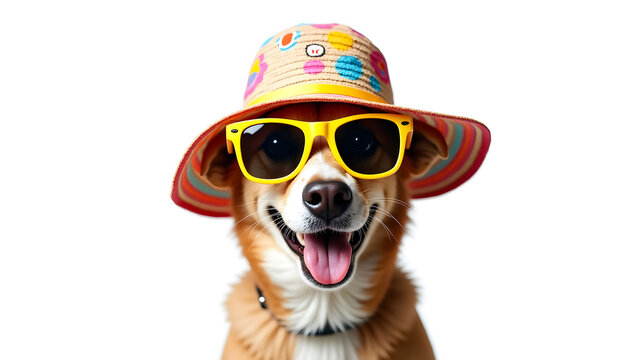A cheerful dog wearing a colorful hat and stylish sunglasses is smiling happily while showcasing its playful personality and vibrant spirit.