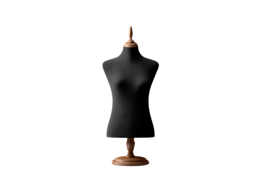 Black fabric dress form mannequin with wooden stand isolated on transparent background
