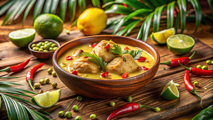 Poulet au coco - on a wooden table surrounded by tropical leaves and spices. In the center is a clay bowl with juicy chicken in thick coconut sauce, decorated with red pepper and lime leaf.