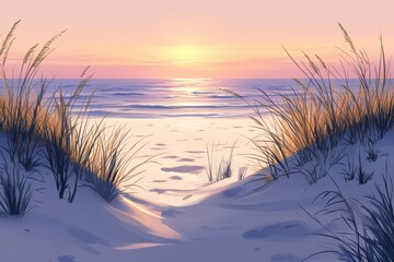 Beach dunes at sunset, soft pastel colors, tranquil scene.  Gentle waves lapping on the shore, tall grasses, warm sunlight
