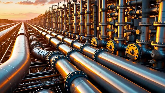 Massive Industrial Pipelines Network in Oil Refinery at Sunset