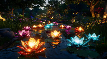 Nightly enchanted garden pond filled with glowing lotus lanterns, vibrant blossoms, and serene ambiance