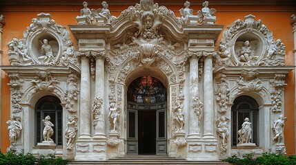 Historic european facade showcasing intricate baroque ornaments high resolution image