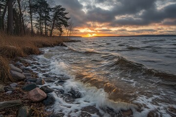 Obraz premium Waves Crashing on Rocky Shoreline at Sunset Low Angle View Serene Lakeside Landscape with Trees and Golden Light