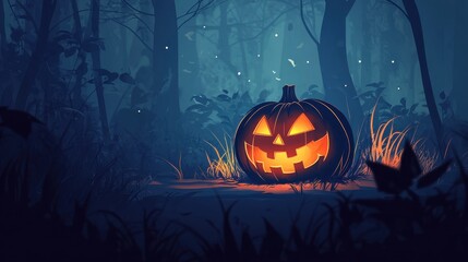 Glowing jack o lantern in a dark forest setting, illuminated with an eerie light. Halloween concept with carved pumpkin, trees, and spooky atmosphere.