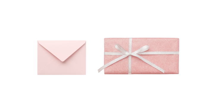 A pink gift box with a silver ribbon placed next to a closed pink envelope.