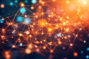 Fototapeta premium Abstract Network Connection Background with Nodes and Lines in Orange and Blue Tones High Angle View
