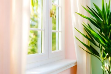 Sunlit window with white frame, sheer curtains, and vibrant green plant.  Soft light illuminates the scene, creating a calming atmosphere