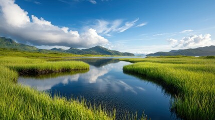 Serene landscape with lush green grass and calm waters under a bright blue sky.