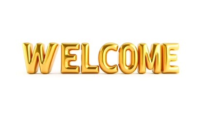 Shiny golden metallic 3D text spelling "WELCOME" isolated on a crisp white background, perfect for greetings and invitations.
