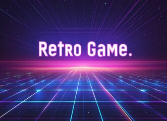 Obraz premium Retro-futuristic 80s game background with grid and Retro Game text in blue and purple gradient