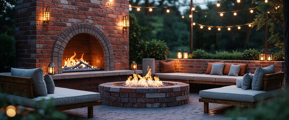 Cozy outdoor fireplace and fire pit area with warm lights for evening relaxation