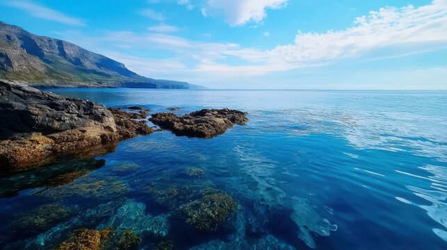 Serene coastal view showcasing clear blue waters and rocky shoreline.