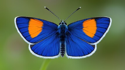 Obraz premium Vibrant blue butterfly with orange and white markings on its wings, perched on a green stem.