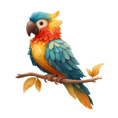 Obraz premium Colorful Parrot Perched: A vibrant cartoon parrot with blue, yellow, orange, and red plumage sits on a simple, brown branch.
