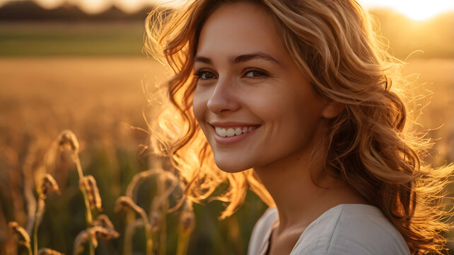 A serene portrait of a young woman smiling brightly, amidst a field, bathed in warm golden light at sunrise, evoking joy and peace in natures embrace.