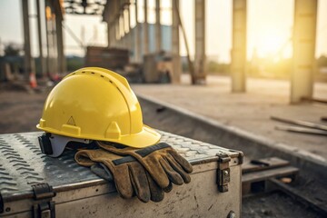 Industrial safety gear yellow hard hat and work gloves on metal toolbox at construction site soft focus background for effective workplace safety imagery