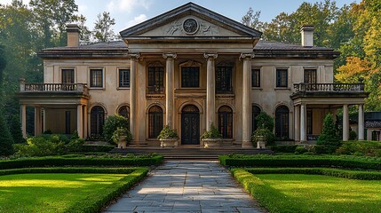 Obraz premium Grand neoclassical estate with symmetrical columns and pediment high resolution images