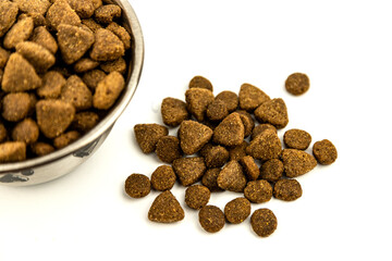 Dry food for dogs or cats on a white background. Isolated Photo of Animal Food
