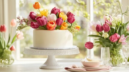 A beautiful springtime cake decorated with tulips.