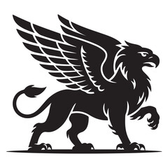 Standing griffin with lifted paw Vector Black silhouettes. with white background
