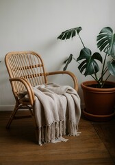 Cozy rattan chair with beige blanket and monstera plant in minimalist living room